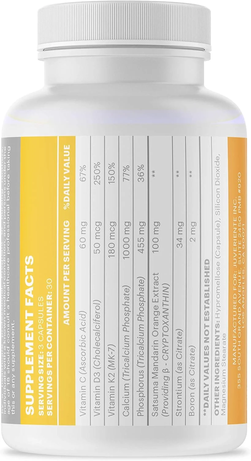 کپسول تقویت استخوان Juveriente®: یک روش درمانی رژیمی ژاپنی برای تسکین پوکی استخوان در سطح سلولی، غنی شده با ویتامین C، D3، K2، کلسیم، فسفر، استرانسیم و بور / 90 کپسول برای 30 روز