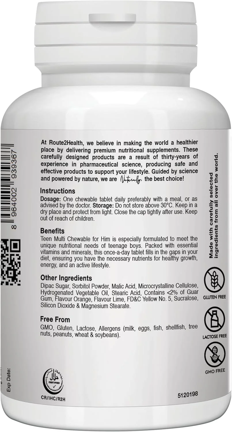 مولتی ویتامین و مواد معدنی جویدنی Route 2 Health برای پسران نوجوان، 30 قرص - طعم لیمو و پرتقال - ویتامین های ضروری A، C، D3، E، B6، B12، K1، کلسیم و فسفر برای رشد و انرژی