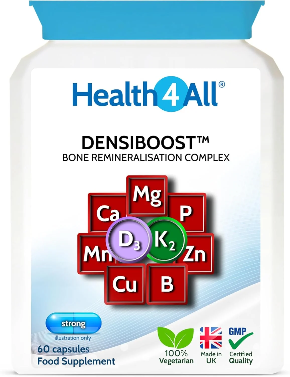 کپسول تقویت استخوان Health4All Densiboost (نه قرص) حاوی کلسیم، منیزیم، منگنز، فسفر، مس، بور، روی و ویتامین های D3 و K2 MK-7. ساخت انگلستان کپسول تقویت استخوان Health4All Densiboost (نه قرص) حاوی کلسیم، منیزیم، منگنز، فسفر، مس، بور، روی و ویتامین های D3 و K2 MK-7. ساخت انگلستان