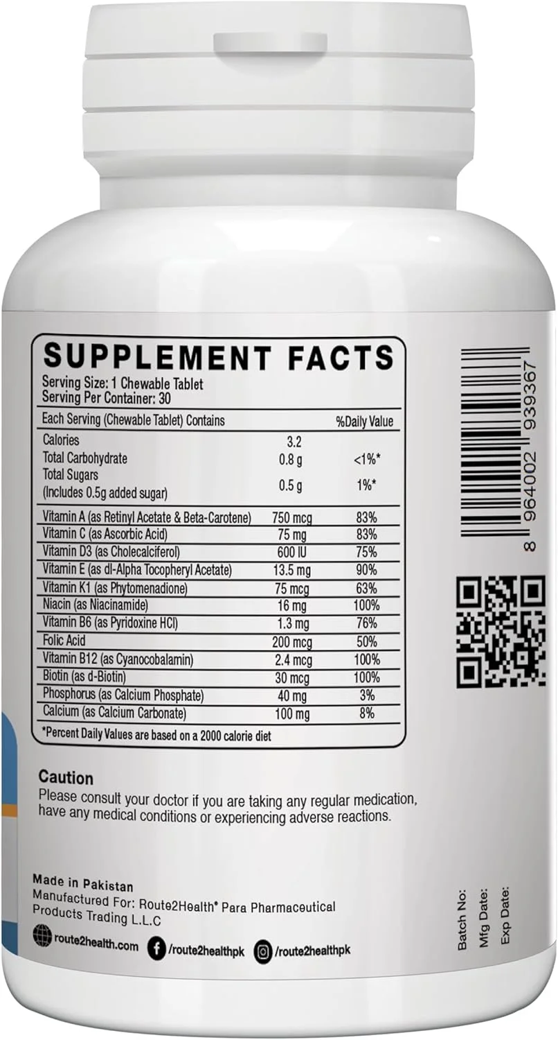 مولتی ویتامین و مواد معدنی جویدنی Route 2 Health برای پسران نوجوان، 30 قرص - طعم لیمو و پرتقال - ویتامین های ضروری A، C، D3، E، B6، B12، K1، کلسیم و فسفر برای رشد و انرژی