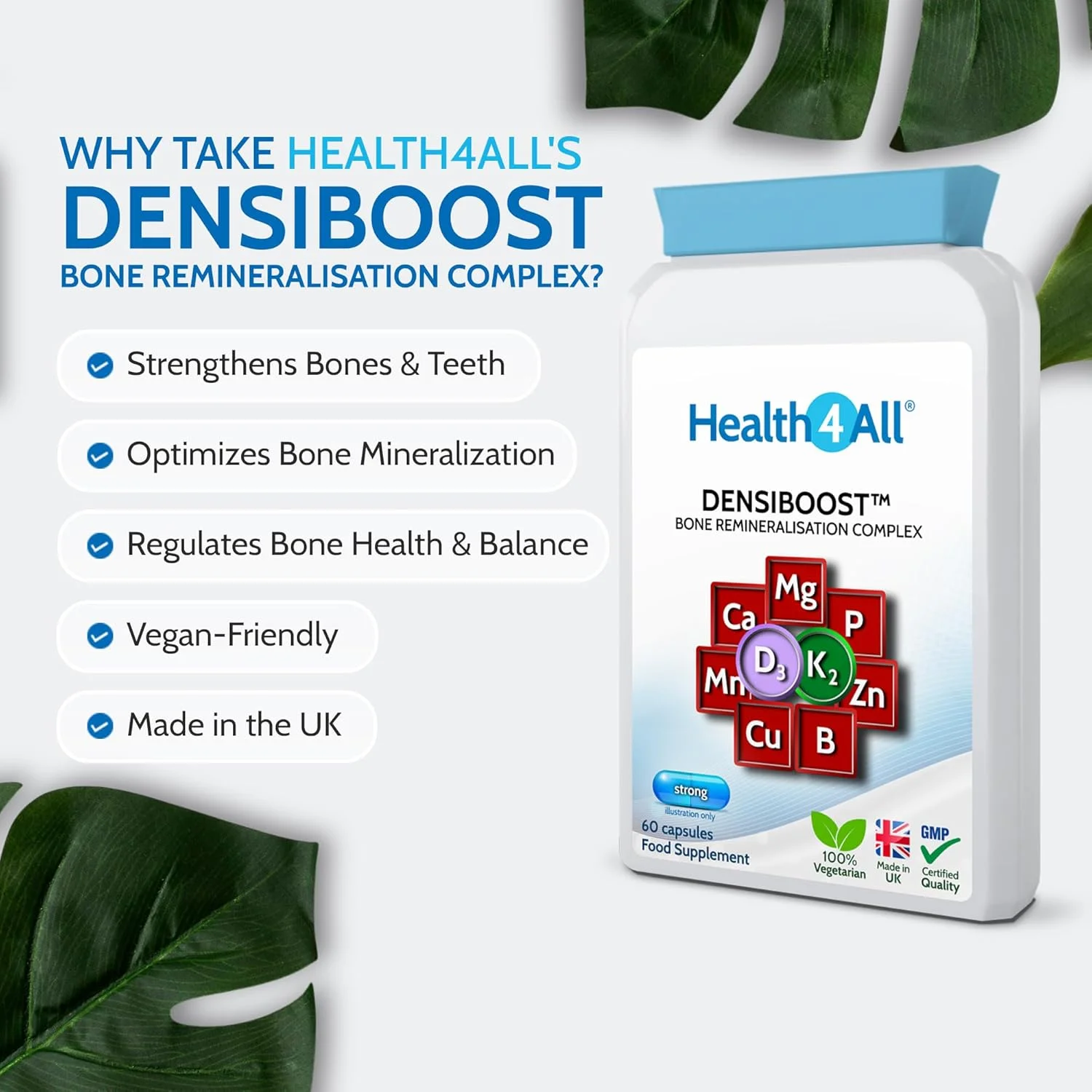 کپسول تقویت استخوان Health4All Densiboost (نه قرص) حاوی کلسیم، منیزیم، منگنز، فسفر، مس، بور، روی و ویتامین های D3 و K2 MK-7. ساخت انگلستان کپسول تقویت استخوان Health4All Densiboost (نه قرص) حاوی کلسیم، منیزیم، منگنز، فسفر، مس، بور، روی و ویتامین های D3 و K2 MK-7. ساخت انگلستان