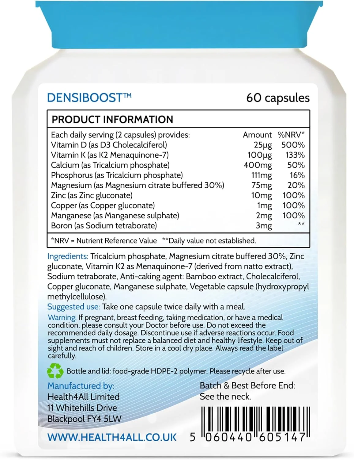 کپسول تقویت استخوان Health4All Densiboost (نه قرص) حاوی کلسیم، منیزیم، منگنز، فسفر، مس، بور، روی و ویتامین های D3 و K2 MK-7. ساخت انگلستان کپسول تقویت استخوان Health4All Densiboost (نه قرص) حاوی کلسیم، منیزیم، منگنز، فسفر، مس، بور، روی و ویتامین های D3 و K2 MK-7. ساخت انگلستان