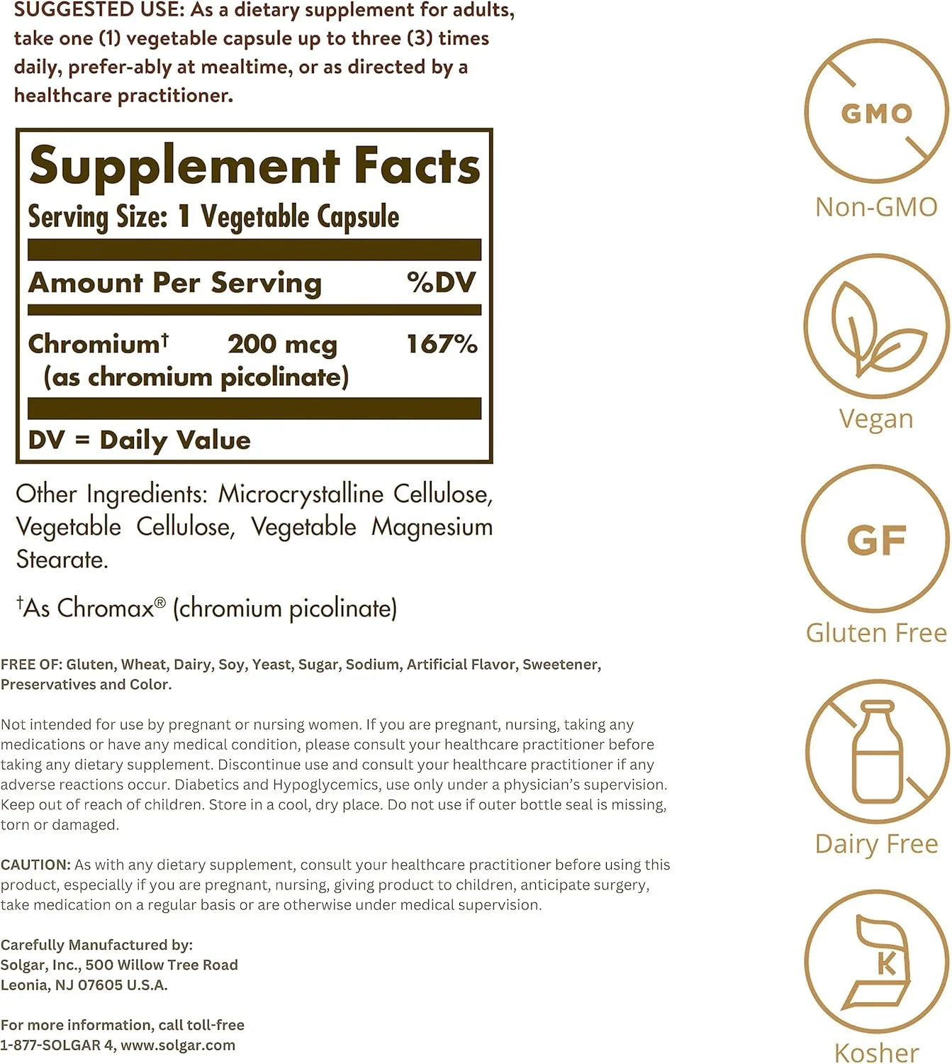 سولگار کرومیوم پیکولینات 200 میکروگرم، 180 کپسول گیاهی - پشتیبانی از متابولیسم قند خون سالم - غیر GMO، وگان، بدون گلوتن، بدون لبنیات، کوشر - 180 سروینگ