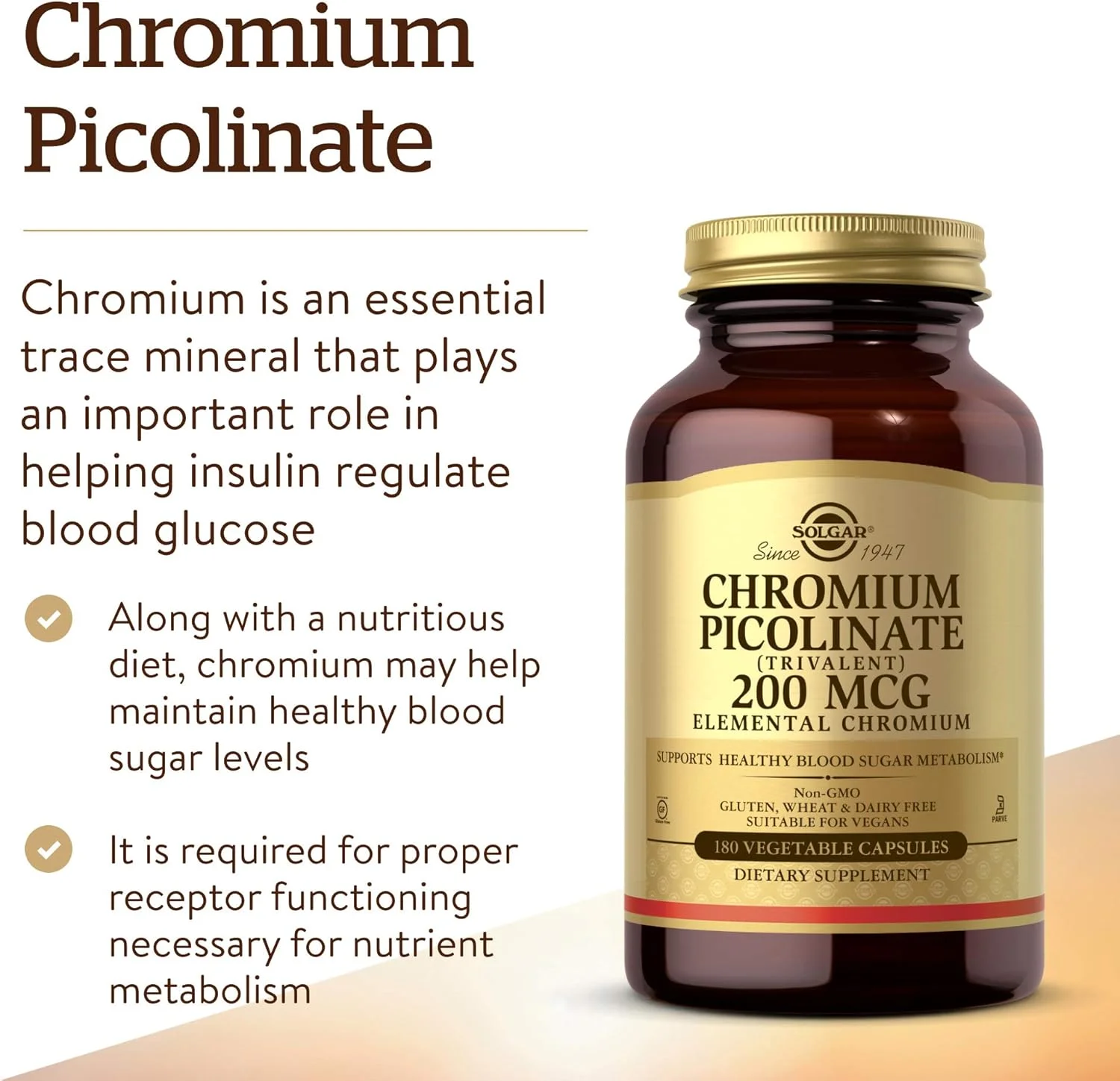 سولگار کرومیوم پیکولینات 200 میکروگرم، 180 کپسول گیاهی - پشتیبانی از متابولیسم قند خون سالم - غیر GMO، وگان، بدون گلوتن، بدون لبنیات، کوشر - 180 سروینگ