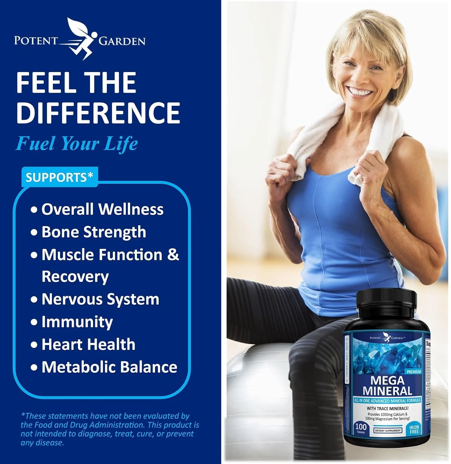 مکمل مواد معدنی مگا گاردن قدرتمند، مجموعه کامل مواد معدنی با کلسیم، منیزیم، روی، پتاسیم، بور، سلنیوم، کروم و 72 ماده معدنی کمیاب، مکمل کلسیم بدون آهن - 100 قرص