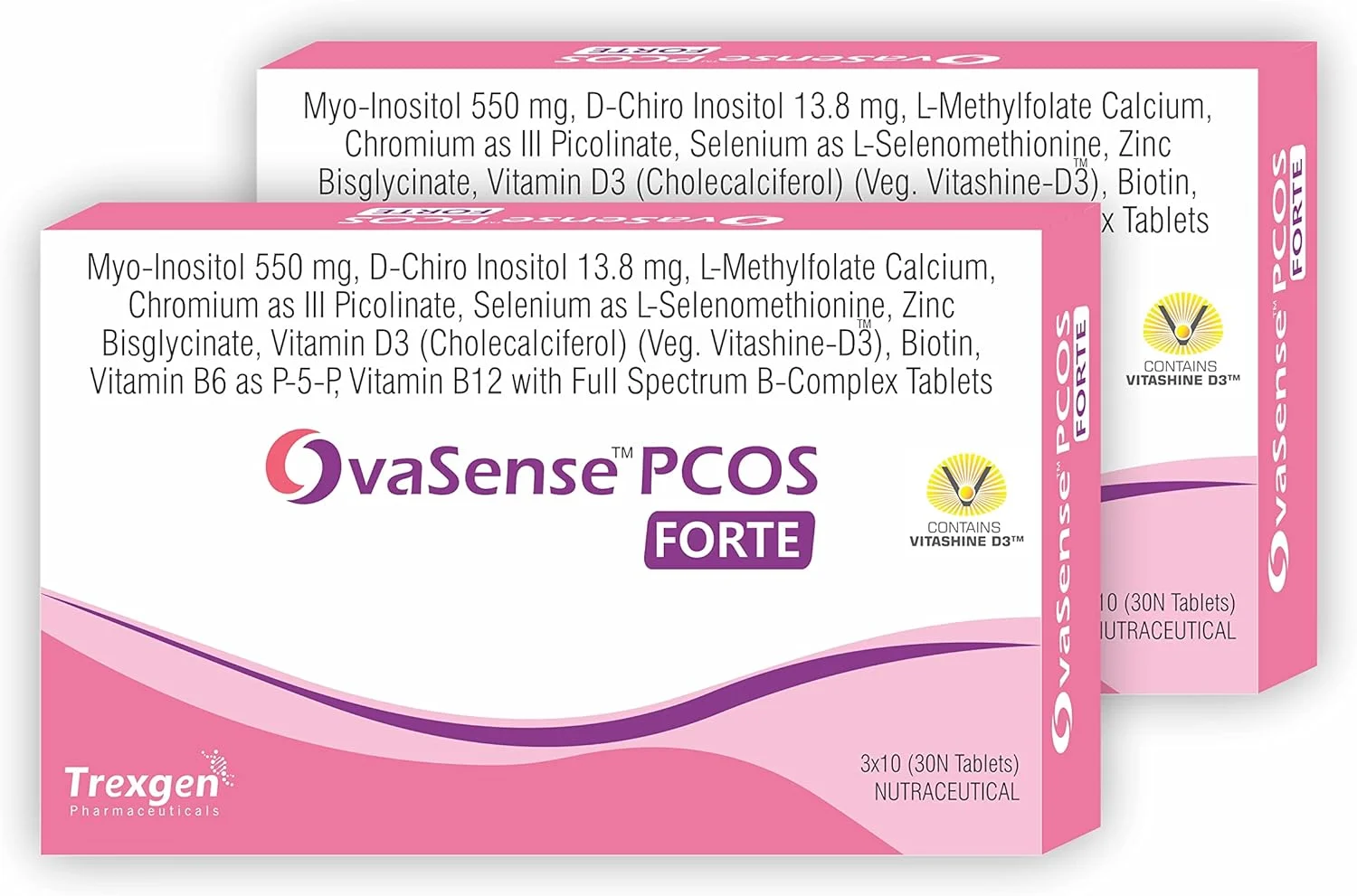 ترکسژن® اواسنس-PCOS فورته، ترکیبی سینرژیک از 550 میلی‌گرم میو-اینوزیتول و 13.8 میلی‌گرم دی-کایرو اینوزیتول، کوله کلسیفرول، ب-کمپلکس، روی، کروم، سلنیوم و ریزمغذی‌ها (30 قرص) (2)