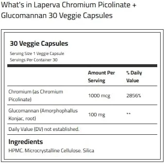 لاپروا کرومیوم پیکولینات + گلوکومانان | 30 کپسول گیاهی | مکمل دوگانه برای کنترل اشتها، پشتیبانی از قند خون و سلامت دستگاه گوارش | پشتیبانی از هوس و انسولین، وگان، بدون گلوتن