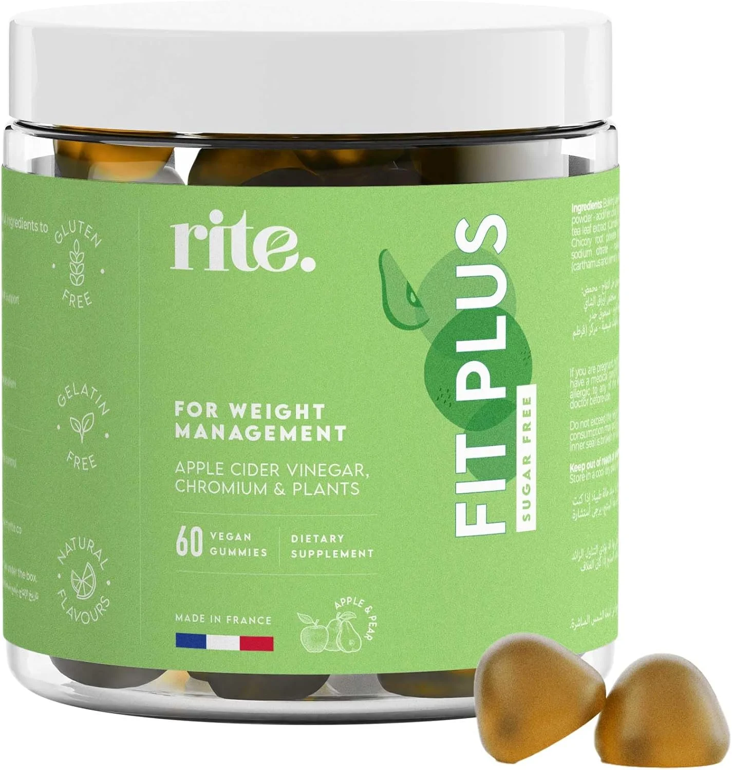 پاستیل ویتامین بدون قند رایت. فیت پلاس | سرکه سیب، کروم، عصاره چای سبز و پری بیوتیک کاسنی | برای قند خون، متابولیسم، وزن | طعم سیب و گلابی