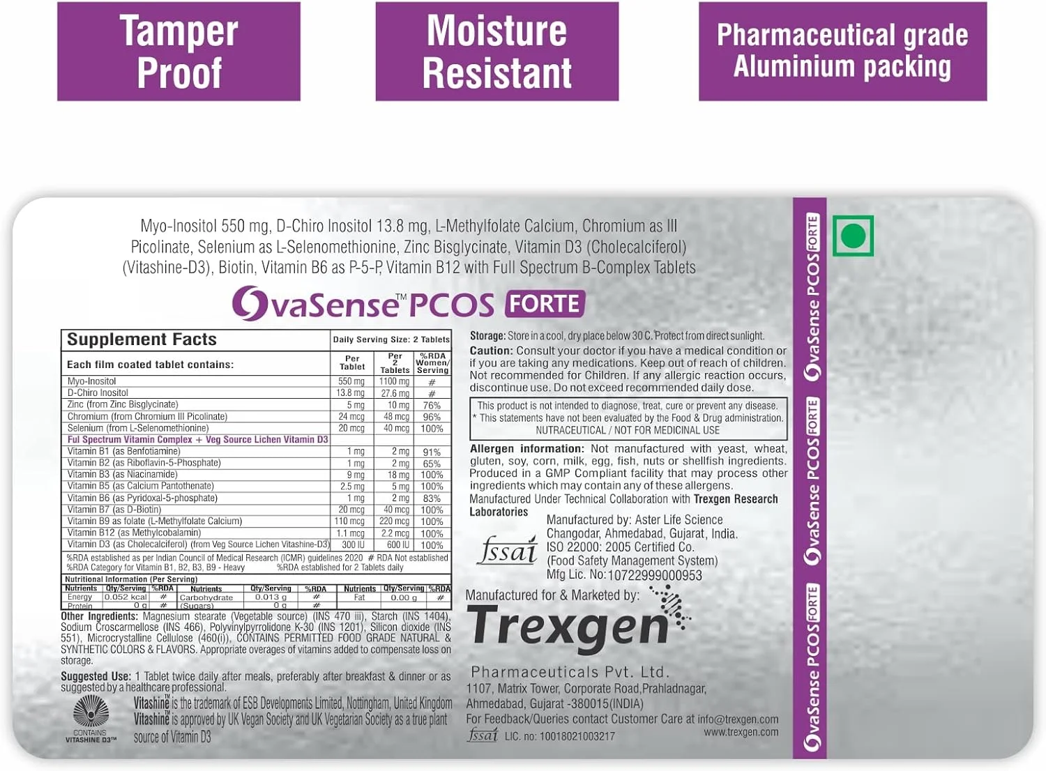 ترکسژن® اواسنس-PCOS فورته، ترکیبی سینرژیک از 550 میلی‌گرم میو-اینوزیتول و 13.8 میلی‌گرم دی-کایرو اینوزیتول، کوله کلسیفرول، ب-کمپلکس، روی، کروم، سلنیوم و ریزمغذی‌ها (30 قرص) (2)