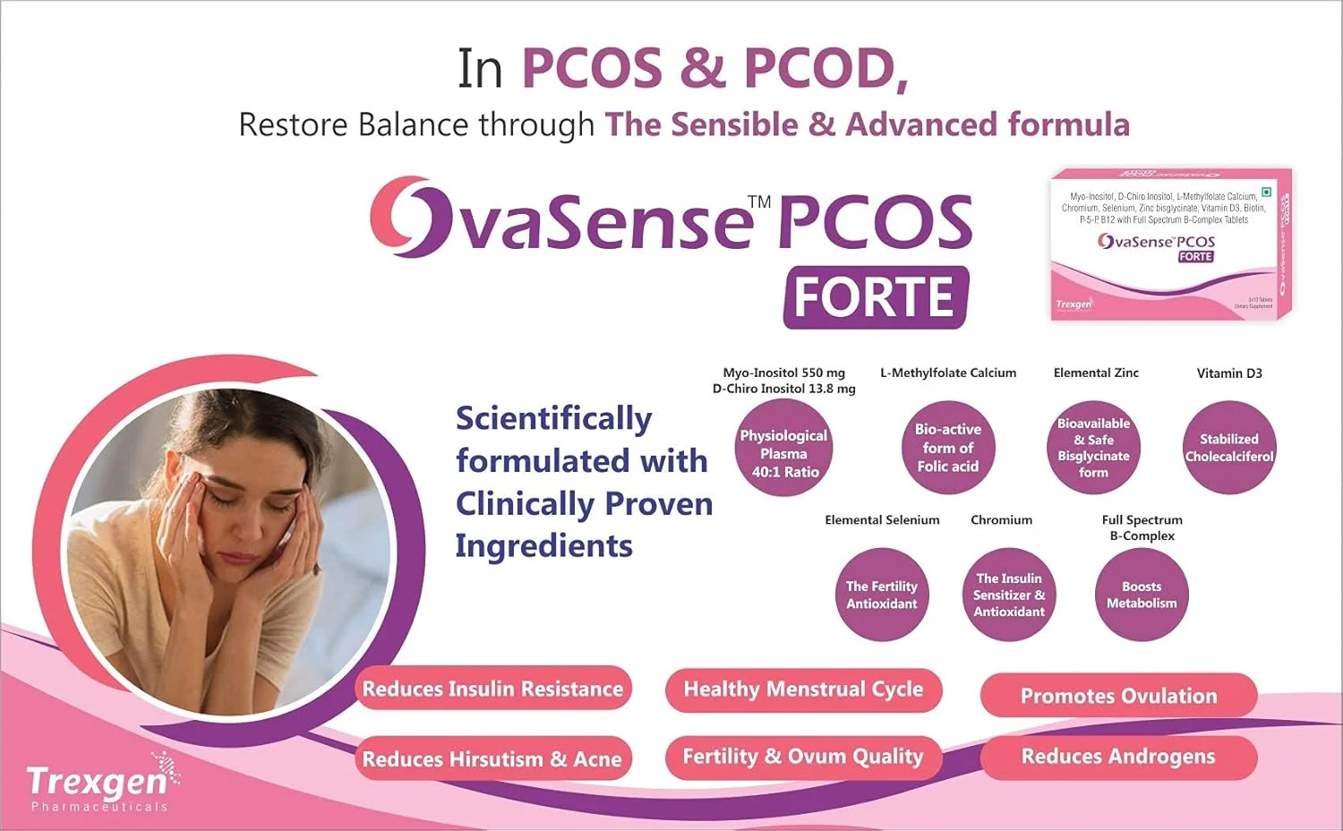 ترکسژن® اواسنس-PCOS فورته، ترکیبی سینرژیک از 550 میلی‌گرم میو-اینوزیتول و 13.8 میلی‌گرم دی-کایرو اینوزیتول، کوله کلسیفرول، ب-کمپلکس، روی، کروم، سلنیوم و ریزمغذی‌ها (30 قرص) (2)