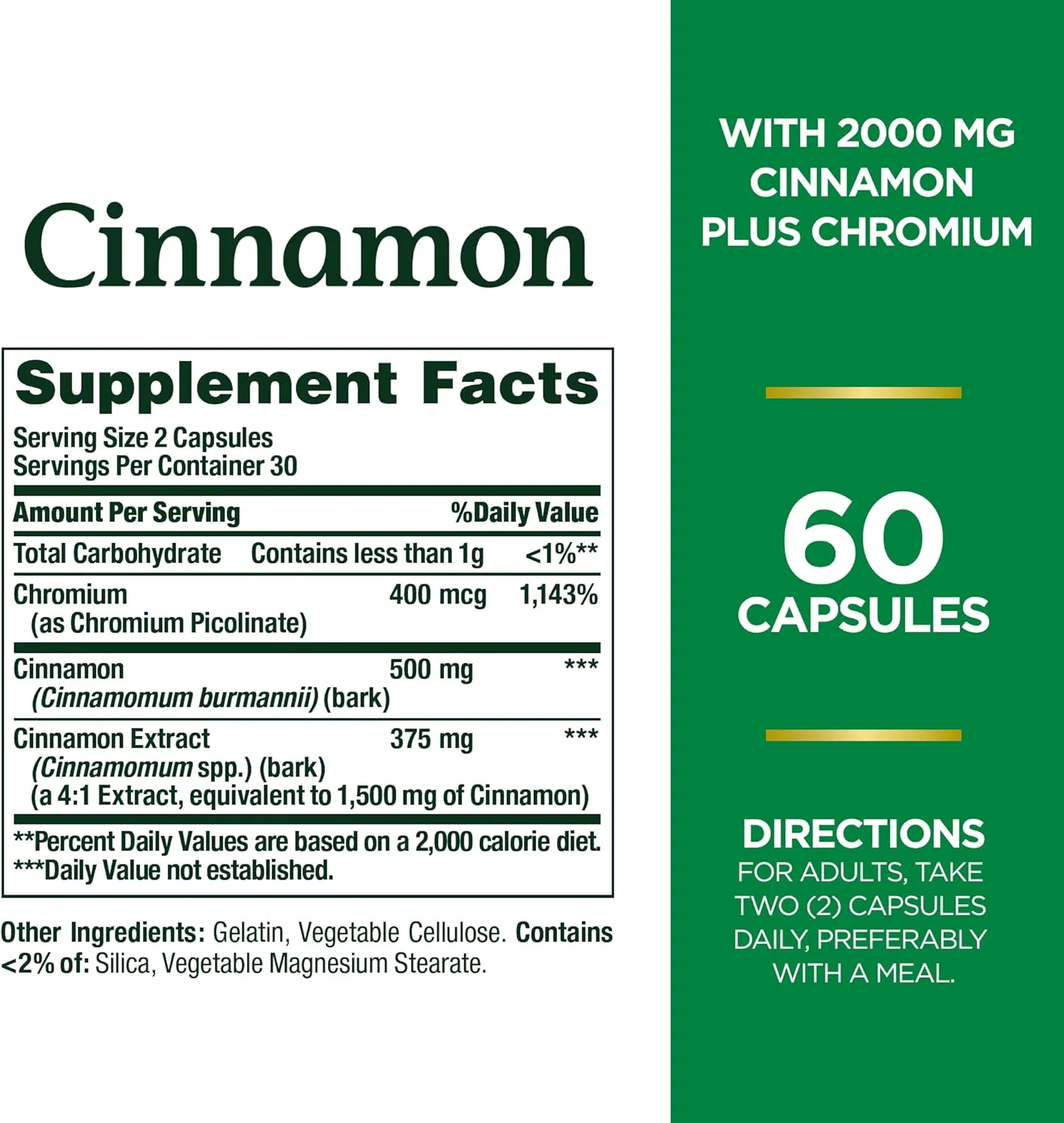 مکمل دارچین 2000 میلی گرمی Nature's Bounty به همراه کروم، پشتیبانی از متابولیسم قند، 60 کپسول