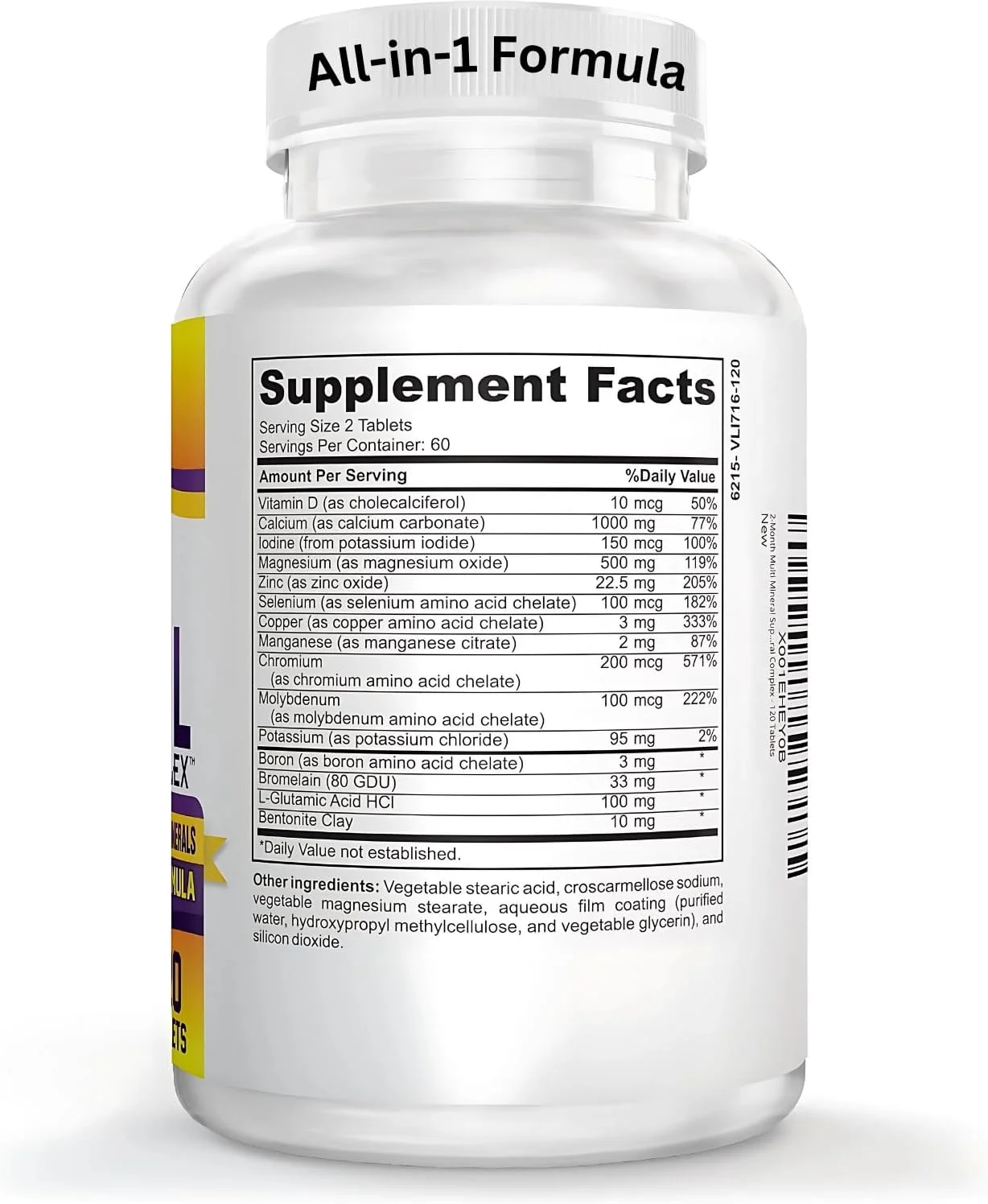 مکمل مولتی مینرال 2 ماهه (بدون آهن) با 72 ماده معدنی کمیاب/مولتی مینرال طبیعی/مکمل های مولتی مینرال با قدرت بالا، فرمول همه در 1 / 120 قرص