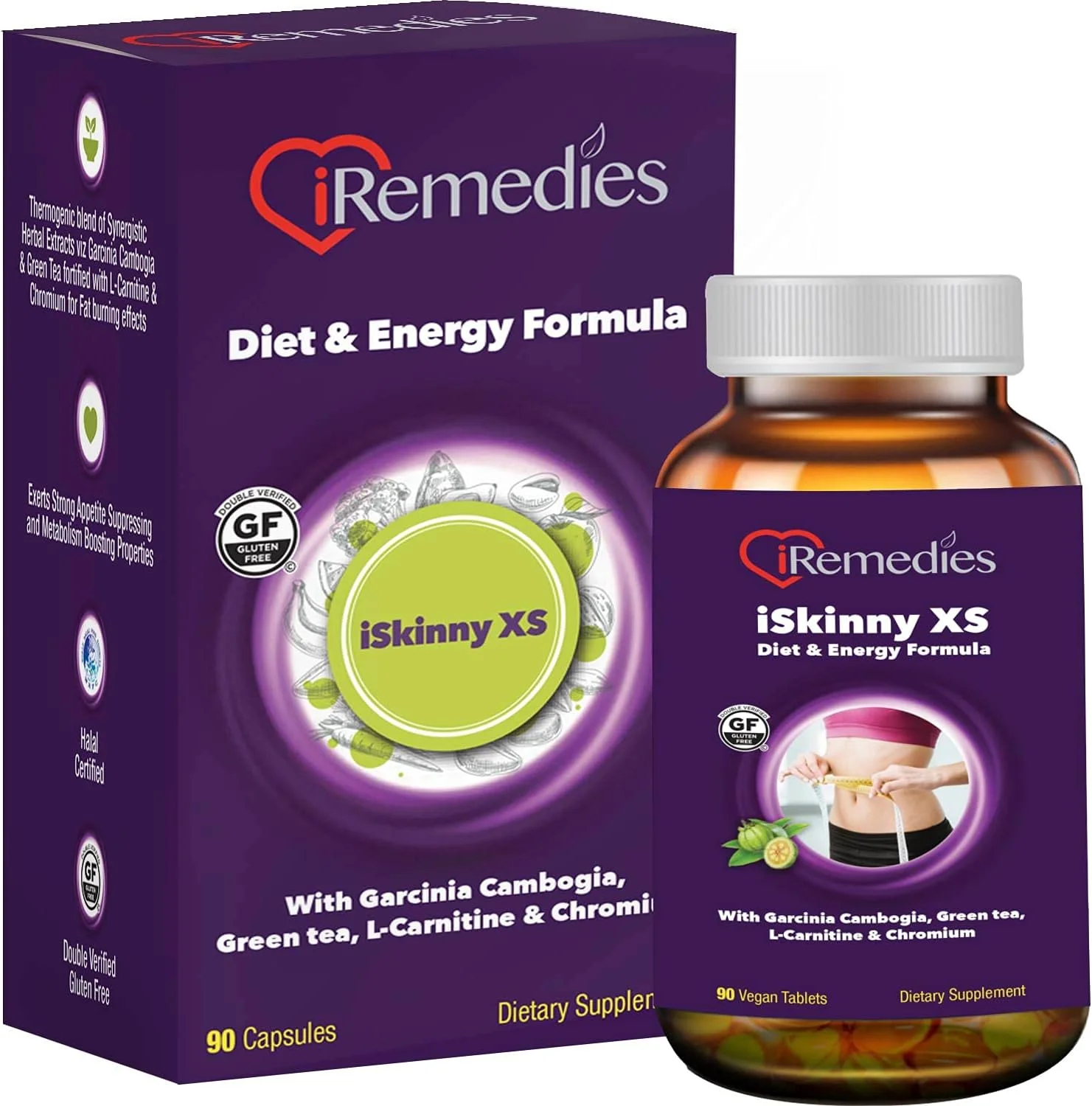آی رمدیز آی اسکینی ایکس اس، گارسینیا کامبوجیا، چای سبز، کرومیوم فرمول لاغری طبیعی (90 کپسول)