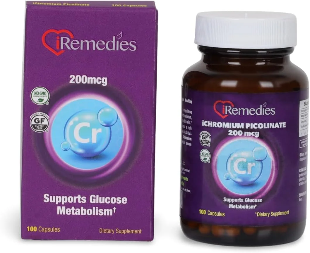 کرومیوم پیکولینات iRemedies 200 میکروگرم - پشتیبانی از قند خون سالم، متابولیسم و مدیریت وزن | تقویت کننده انرژی و کنترل اشتها | غیر GMO، بدون گلوتن - 100 کپسول