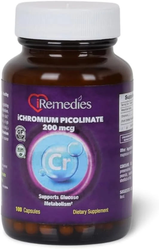 کرومیوم پیکولینات iRemedies 200 میکروگرم - پشتیبانی از قند خون سالم، متابولیسم و مدیریت وزن | تقویت کننده انرژی و کنترل اشتها | غیر GMO، بدون گلوتن - 100 کپسول