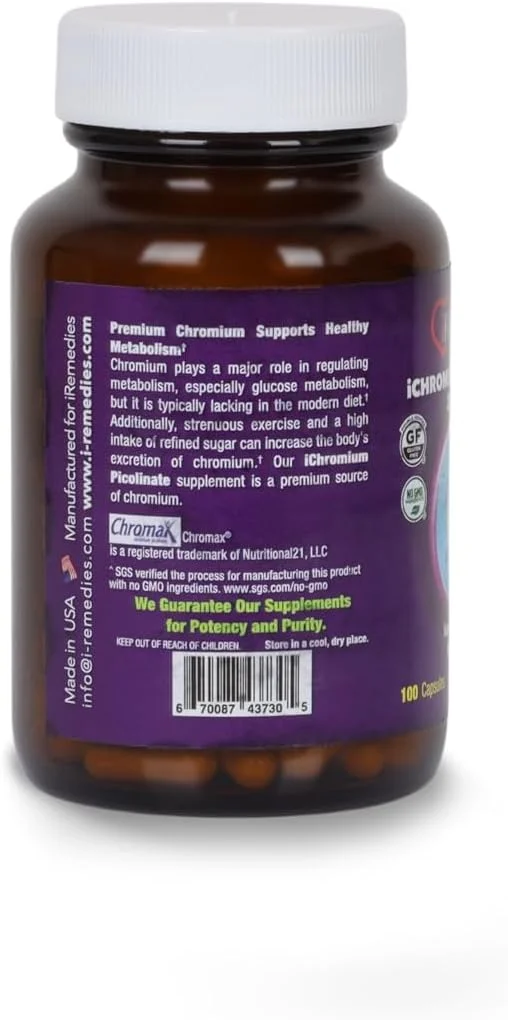 کرومیوم پیکولینات iRemedies 200 میکروگرم - پشتیبانی از قند خون سالم، متابولیسم و مدیریت وزن | تقویت کننده انرژی و کنترل اشتها | غیر GMO، بدون گلوتن - 100 کپسول