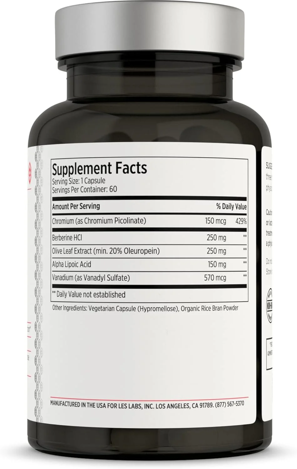 مکمل سلامت انسولین LES Labs - سلامت متابولیک، پشتیبانی از گلوکز، متابولیسم لیپید و کربوهیدرات - بربرین، کروم، برگ زیتون، آلفا لیپوئیک اسید و وانادیوم - مکمل غیر GMO - 60 کپسول