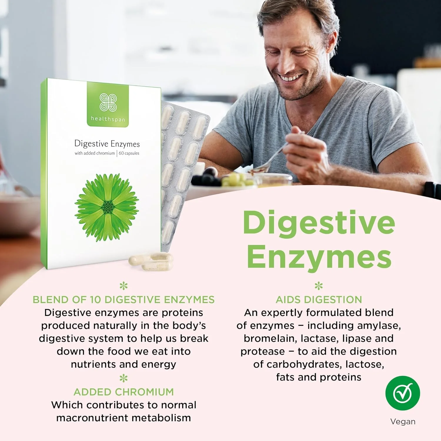 آنزیم های گوارشی هلث اسپن | 60 کپسول | آمیلاز | لاکتاز | لیپاز | پروتئاز | حاوی کروم | کمک به هضم | وگان آنزیم های گوارشی هلث اسپن | 60 کپسول | آمیلاز | لاکتاز | لیپاز | پروتئاز | حاوی کروم | کمک به هضم | وگان