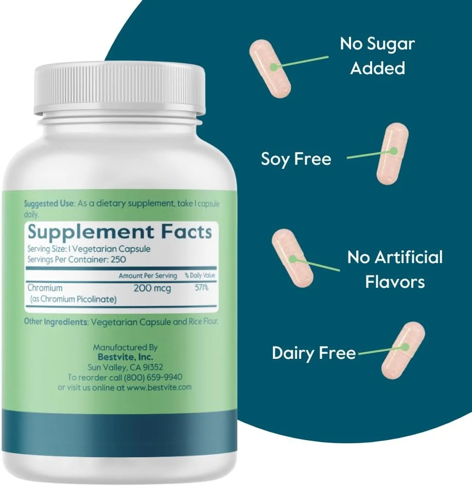 بست ویت کرومیوم پیکولینات 200 میکروگرم (250 کپسول گیاهی) - بدون استئارات - بدون مواد روان کننده - وگان - بدون گلوتن - غیر GMO بست ویت کرومیوم پیکولینات 200 میکروگرم (250 کپسول گیاهی) - بدون استئارات - بدون مواد روان کننده - وگان - بدون گلوتن - غیر GMO