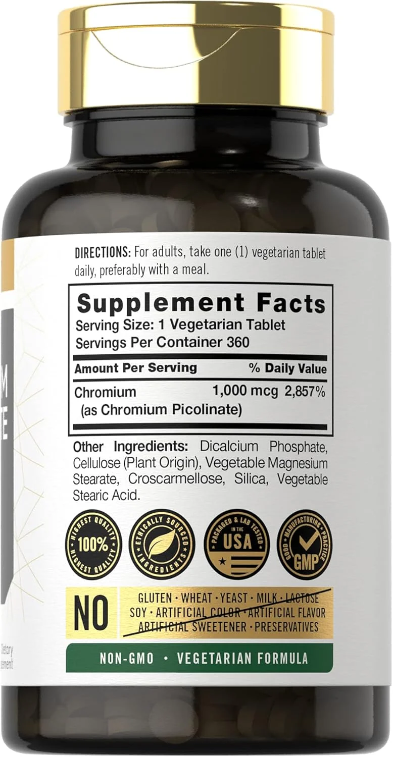 کارلایل پیکولینات کروم فوق العاده 1000 میکروگرم | 360 قرص | گیاهی، غیر GMO، بدون گلوتن کارلایل پیکولینات کروم فوق العاده 1000 میکروگرم | 360 قرص | گیاهی، غیر GMO، بدون گلوتن