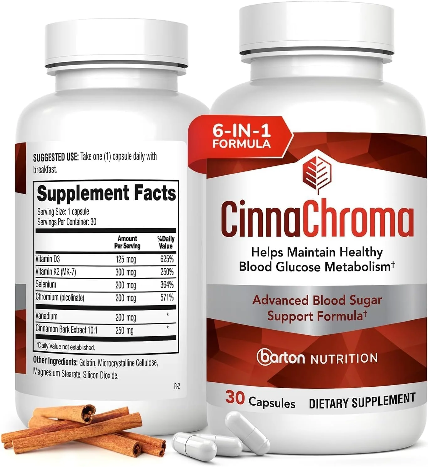 کپسول های دارچین سینا کروما بارتون نوتریشن - مکمل عصاره دارچین با پیکولینات کروم و وانادیوم - 30 کپسول - با ویتامین D3 و K2 برای حمایت از متابولیسم و سلامت قلب و عروق