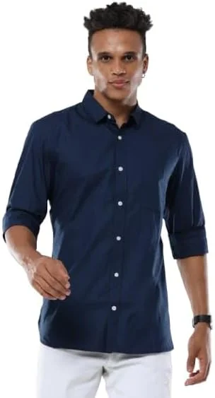 Men's Classic Cotton Casual Shirt, Navy Blue, Long Sleeves with Roll-Up Option, Button-Down Collar, Size-XXL
