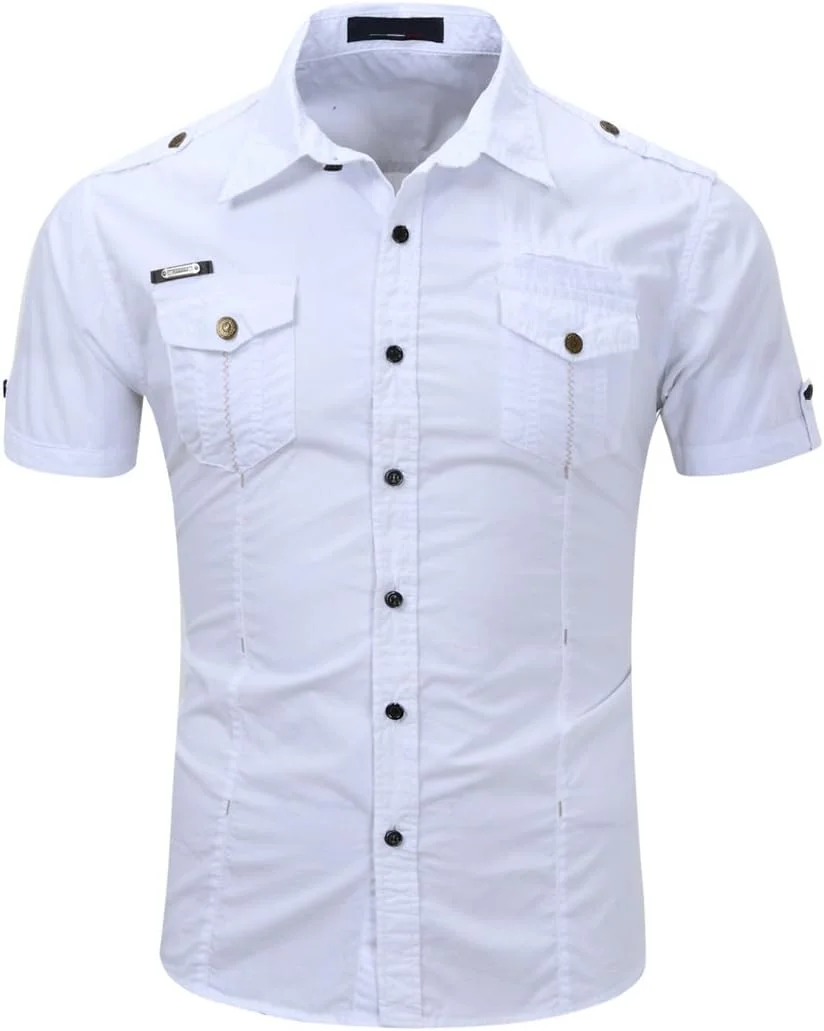 Mens Classic Short Sleeve Single Breasted Army Style Formal Shirts Sizes Regular Fit, White, M