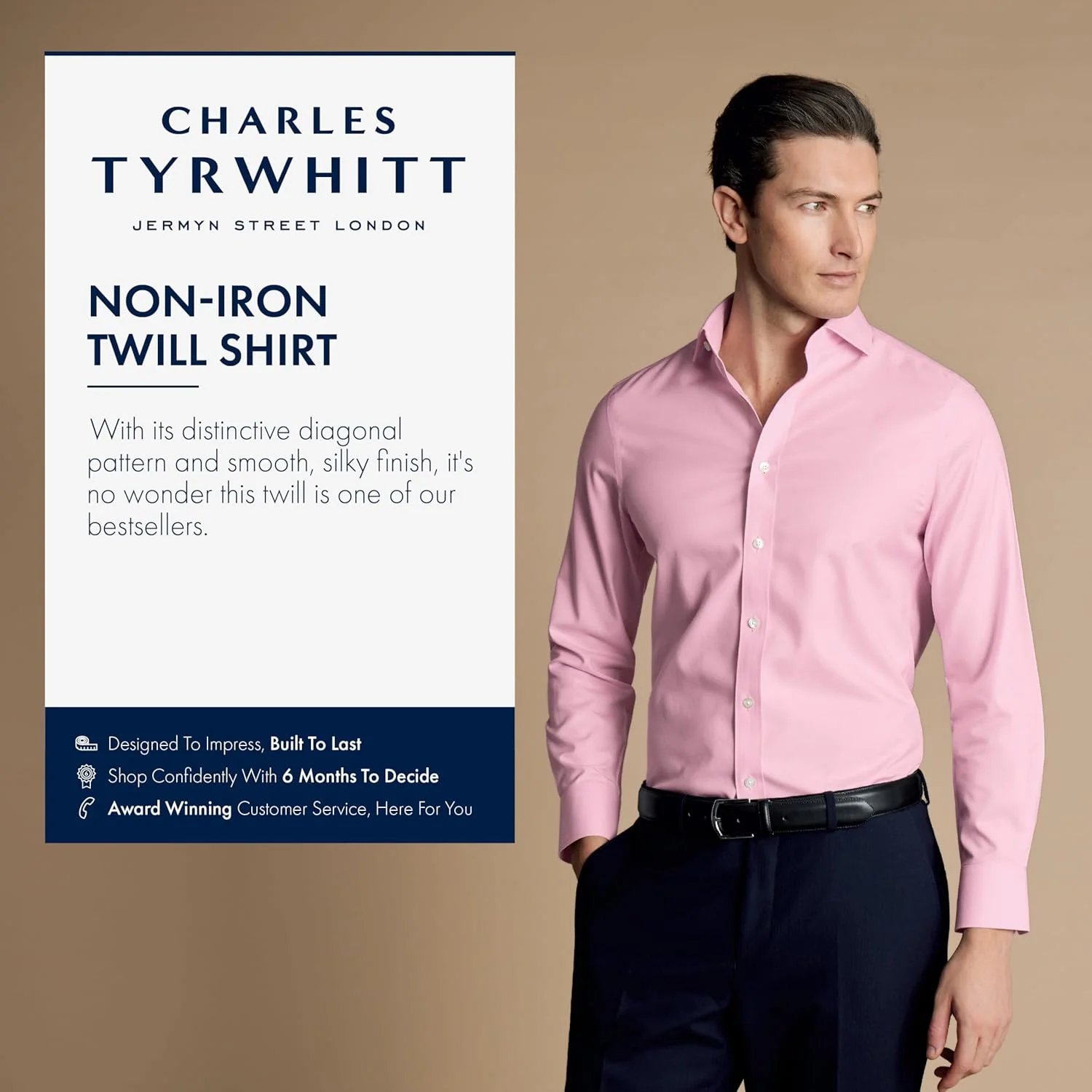 پیراهن صورتی یقه کوسه ای، آستین بلند، جنس کتان تویل، بدون نیاز به اتو، فیت اسلیم