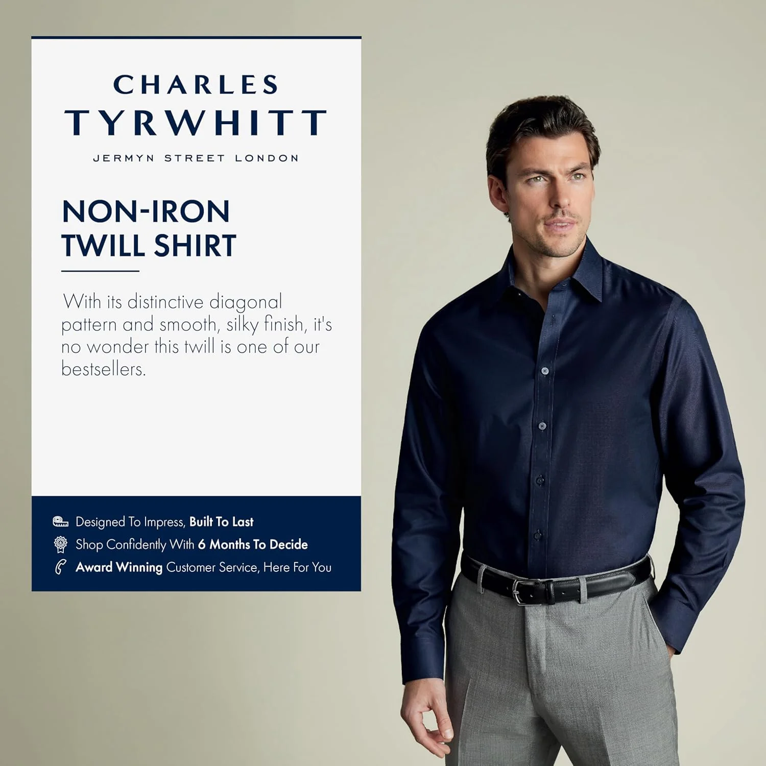 پیراهن مردانه چارلز تیریت - سرمه ای بدون نیاز به اتو با بافت توییل 100% پنبه