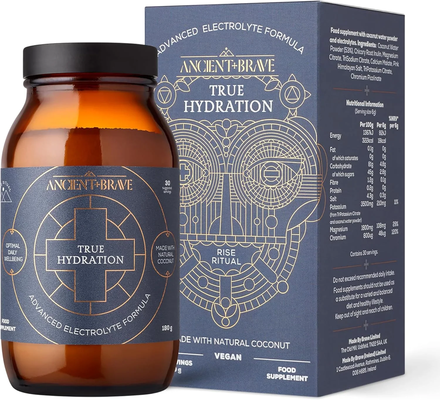 پودر الکترولیت آبرسان Ancient + Brave True Hydration، 180 گرم - حاوی منیزیم، پتاسیم و کروم - پودر الکترولیت آب نارگیل طبیعی برای آبرسانی صبحگاهی، ریکاوری بعد از تمرین و پشتیبانی از روزه داری