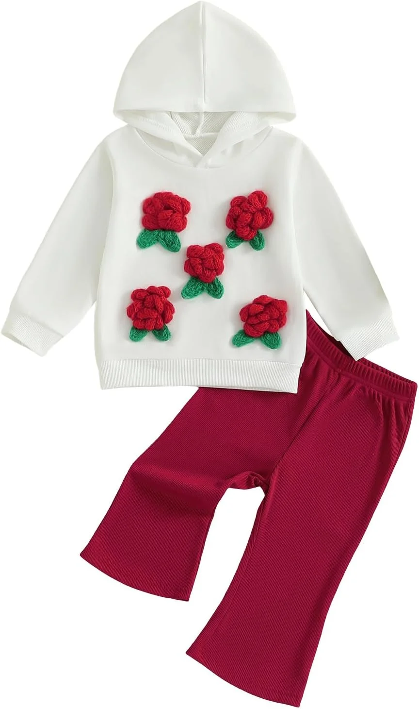 ست لباس دخترانه نوپا 2-3 سال، هودی آستین بلند گل سه بعدی، تاپ های پولور کلاه دار با کمر کشی، شلوار دمپا گشاد، لباس بچه گانه 2 تکه 18-24 ماه