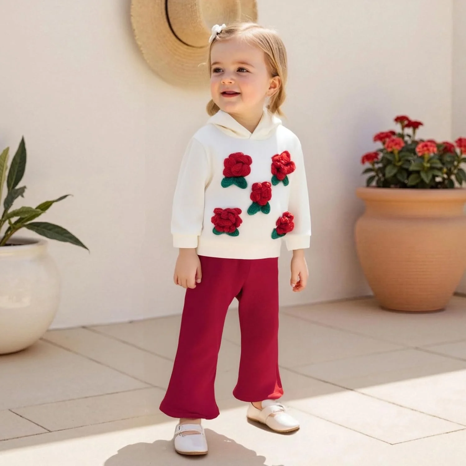 ست لباس دخترانه نوپا 2-3 سال، هودی آستین بلند گل سه بعدی، تاپ های پولور کلاه دار با کمر کشی، شلوار دمپا گشاد، لباس بچه گانه 2 تکه 18-24 ماه