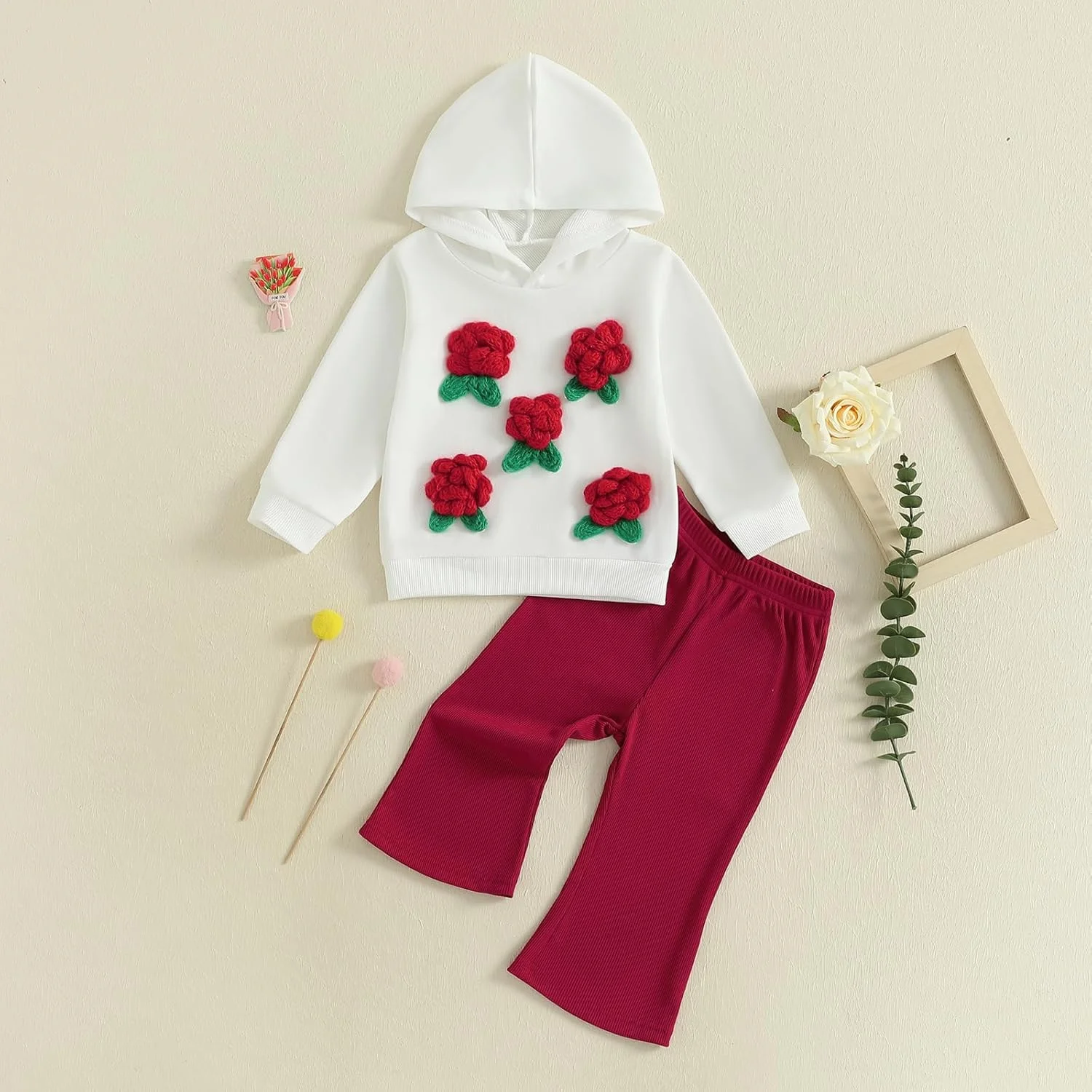 ست لباس دخترانه نوپا 2-3 سال، هودی آستین بلند گل سه بعدی، تاپ های پولور کلاه دار با کمر کشی، شلوار دمپا گشاد، لباس بچه گانه 2 تکه 18-24 ماه