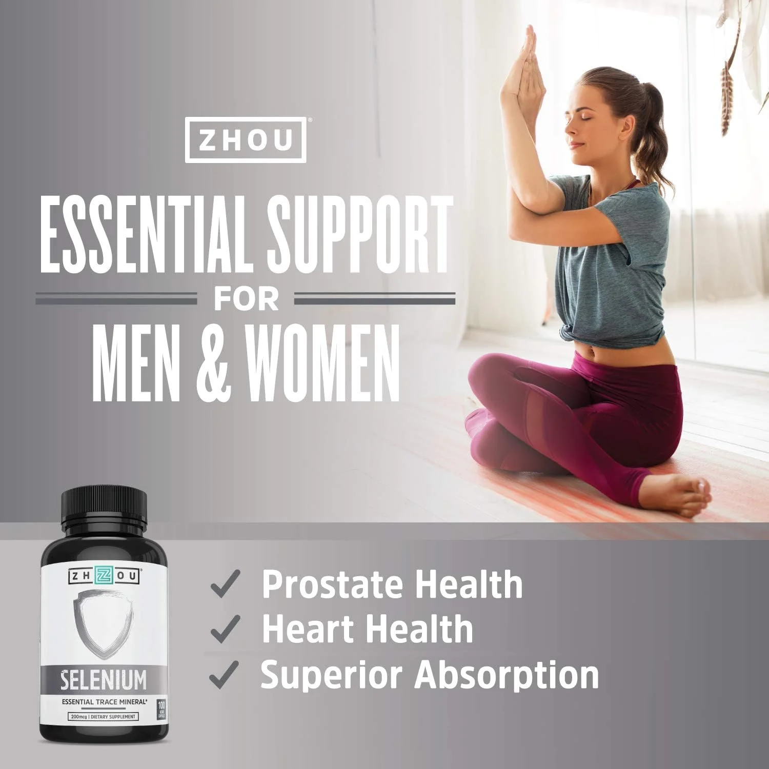 زینک سلنیوم 200 میکروگرم Zhou | برای سلامت تیروئید، پروستات و قلب | ماده معدنی کمیاب ضروری با جذب برتر | بدون مخمر | 100 کپسول گیاهی