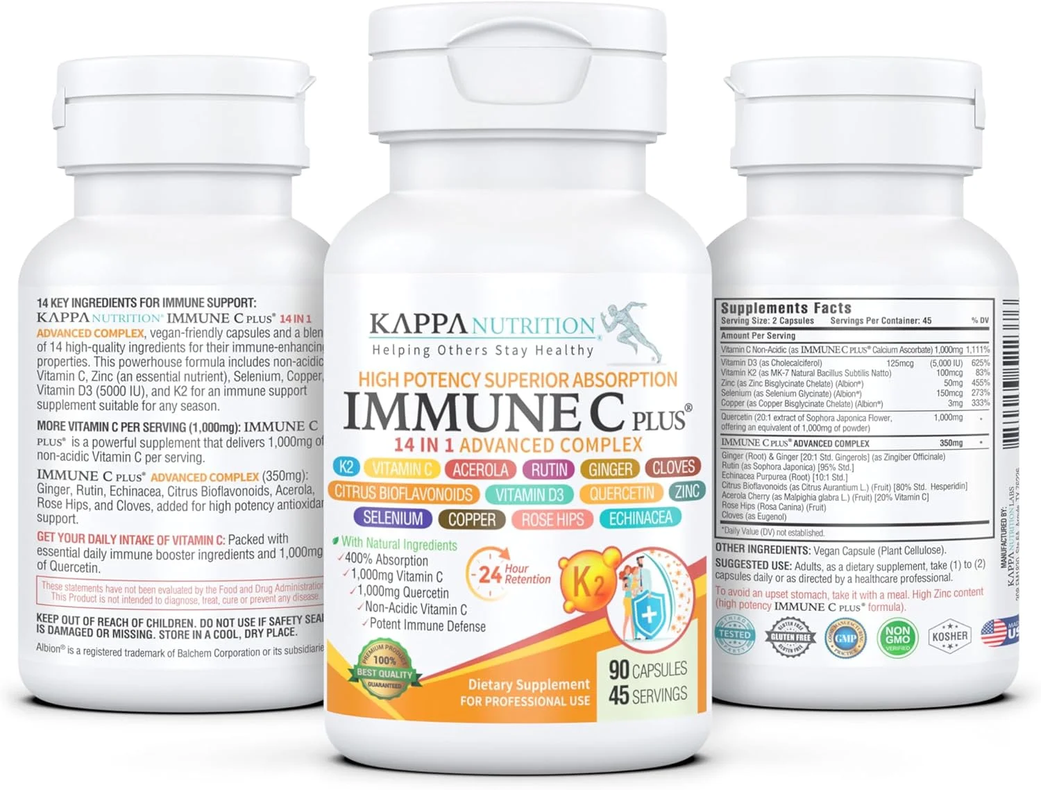 کوئرستین 1000 میلی گرم، ویتامین C 1000 میلی گرم، زینک 50 میلی گرم، ویتامین D3 5000 واحد بین المللی، سلنیوم، مس، آسرولا، زنجبیل، روتین، نارنج تلخ، گل رز، اکیناسه، ایمیون C پلاس، 14 در 1 ایمیون C پلاس (90 عدد) کوئرستین 1000 میلی گرم، ویتامین C 1000 میلی گرم، زینک 50 میلی گرم، ویتامین D3 5000 واحد بین المللی، سلنیوم، مس، آسرولا، زنجبیل، روتین، نارنج تلخ، گل رز، اکیناسه، ایمیون C پلاس، 14 در 1 ایمیون C پلاس (90 عدد)