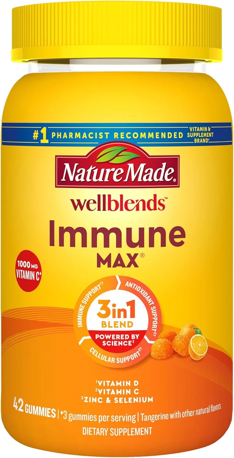 پاستیل تقویت سیستم ایمنی Nature Made Wellblends ImmuneMAX، ویتامین C 1000 میلی گرم + زینک، سلنیوم و ویتامین D3 5000 IU، مکمل تقویت سیستم ایمنی، 42 عدد