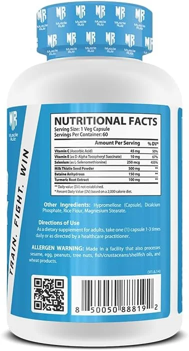 مکمل سم زدای کبد MuscleRulz، 60 سروینگ - پشتیبانی از عملکرد بهینه کبد، هضم و سلامت سیستم ایمنی - حاوی خار مریم، بتائین بی آب، ریشه زردچوبه، ویتامین C، E، سلنیوم مکمل سم زدای کبد MuscleRulz، 60 سروینگ - پشتیبانی از عملکرد بهینه کبد، هضم و سلامت سیستم ایمنی - حاوی خار مریم، بتائین بی آب، ریشه زردچوبه، ویتامین C، E، سلنیوم