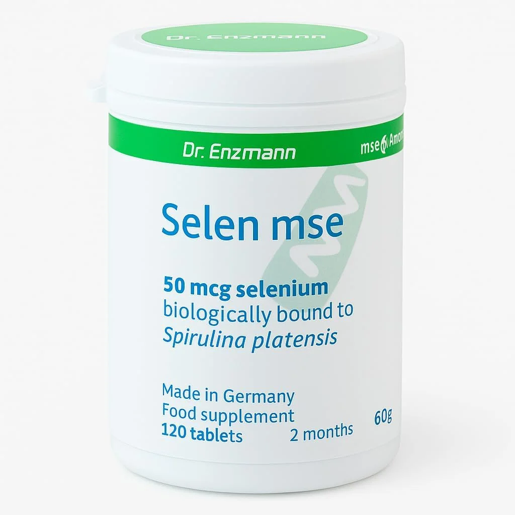 mse Pharmazeutika GmbH سلنیوم 50 میکروگرم متصل به صورت زیستی به اسپیرولینا پلاتنسیس 120 قرص 2 ماه - مکمل غذایی - تقویت سیستم ایمنی - ساخت آلمان