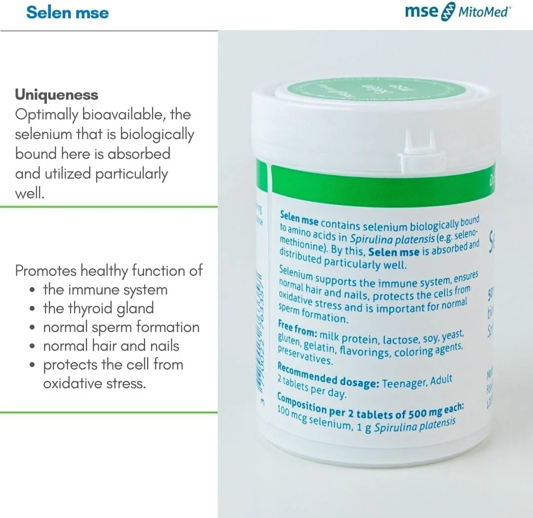mse Pharmazeutika GmbH سلنیوم 50 میکروگرم متصل به صورت زیستی به اسپیرولینا پلاتنسیس 120 قرص 2 ماه - مکمل غذایی - تقویت سیستم ایمنی - ساخت آلمان