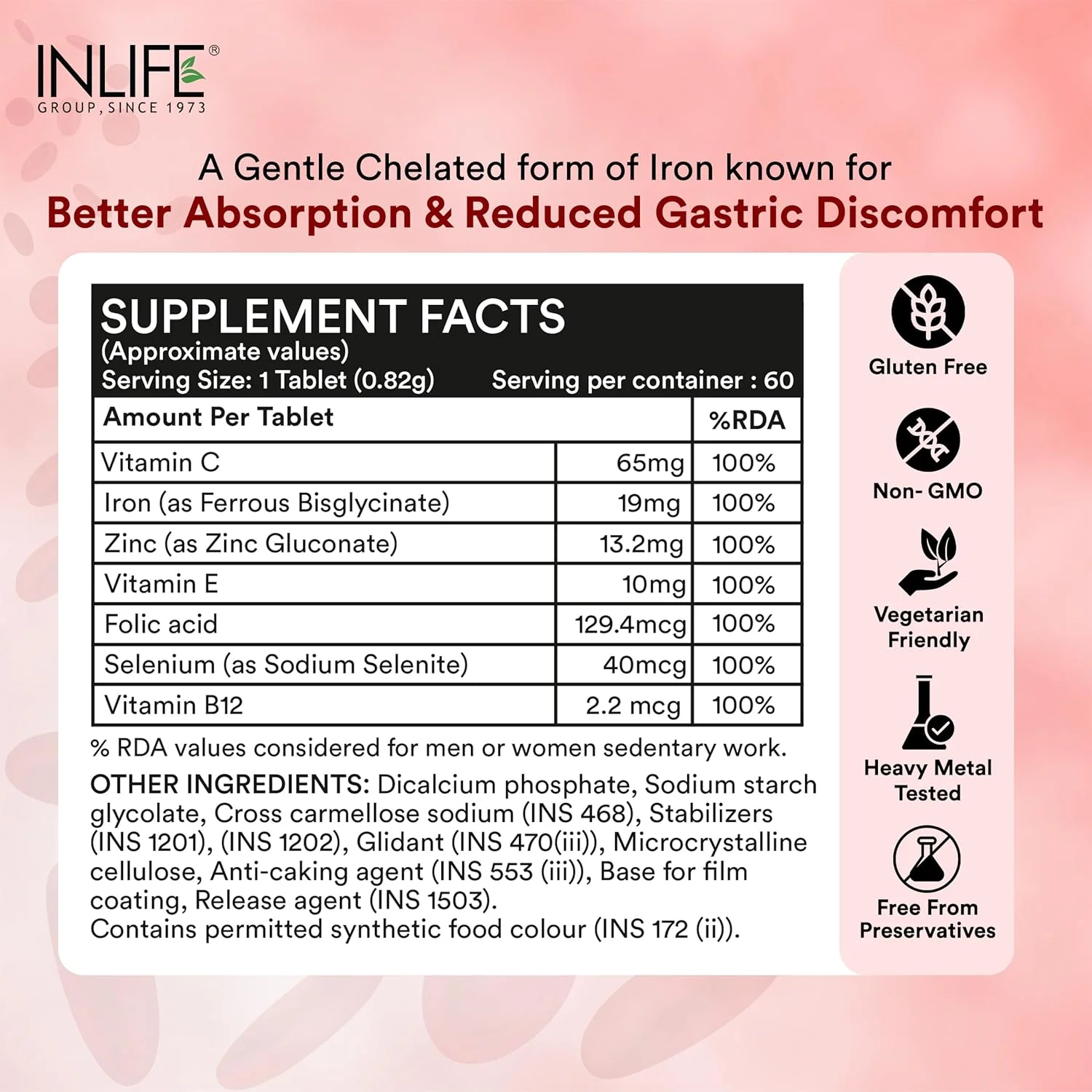 مکمل آهن کلاته این لایف با اسید فولیک، ویتامین C، E، B12، روی و سلنیوم برای مردان و زنان - 60 قرص گیاهی (بسته 1 عددی) مکمل آهن کلاته این لایف با اسید فولیک، ویتامین C، E، B12، روی و سلنیوم برای مردان و زنان - 60 قرص گیاهی (بسته 1 عددی)
