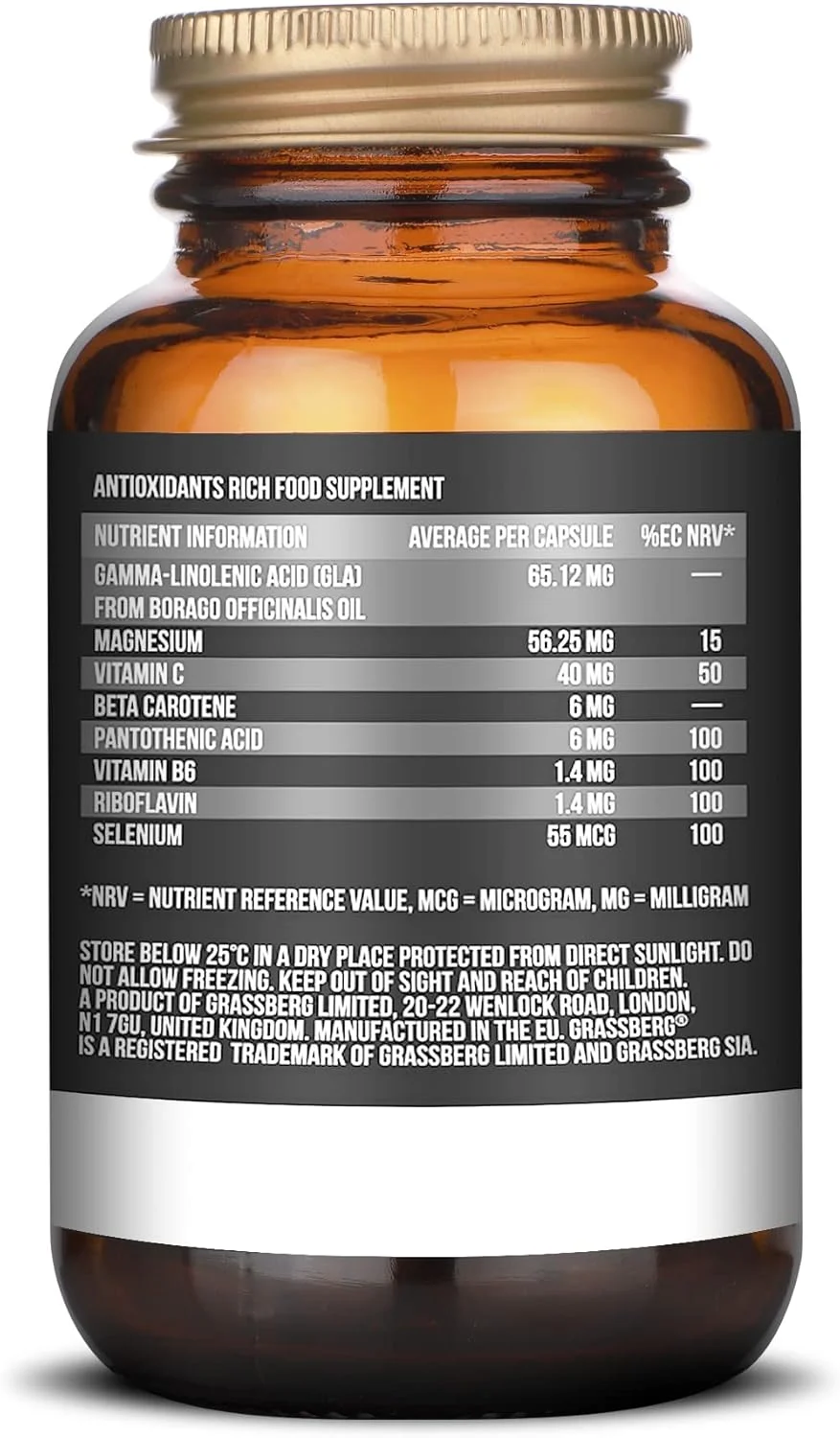 مکمل های آنتی اکسیدان دیفنس گراسبرگ با گاما لینولنیک اسید، ویتامین A، B2، B5، B6، C، منیزیم و سلنیوم - 60 کپسول مکمل های آنتی اکسیدان دیفنس گراسبرگ با گاما لینولنیک اسید، ویتامین A، B2، B5، B6، C، منیزیم و سلنیوم - 60 کپسول