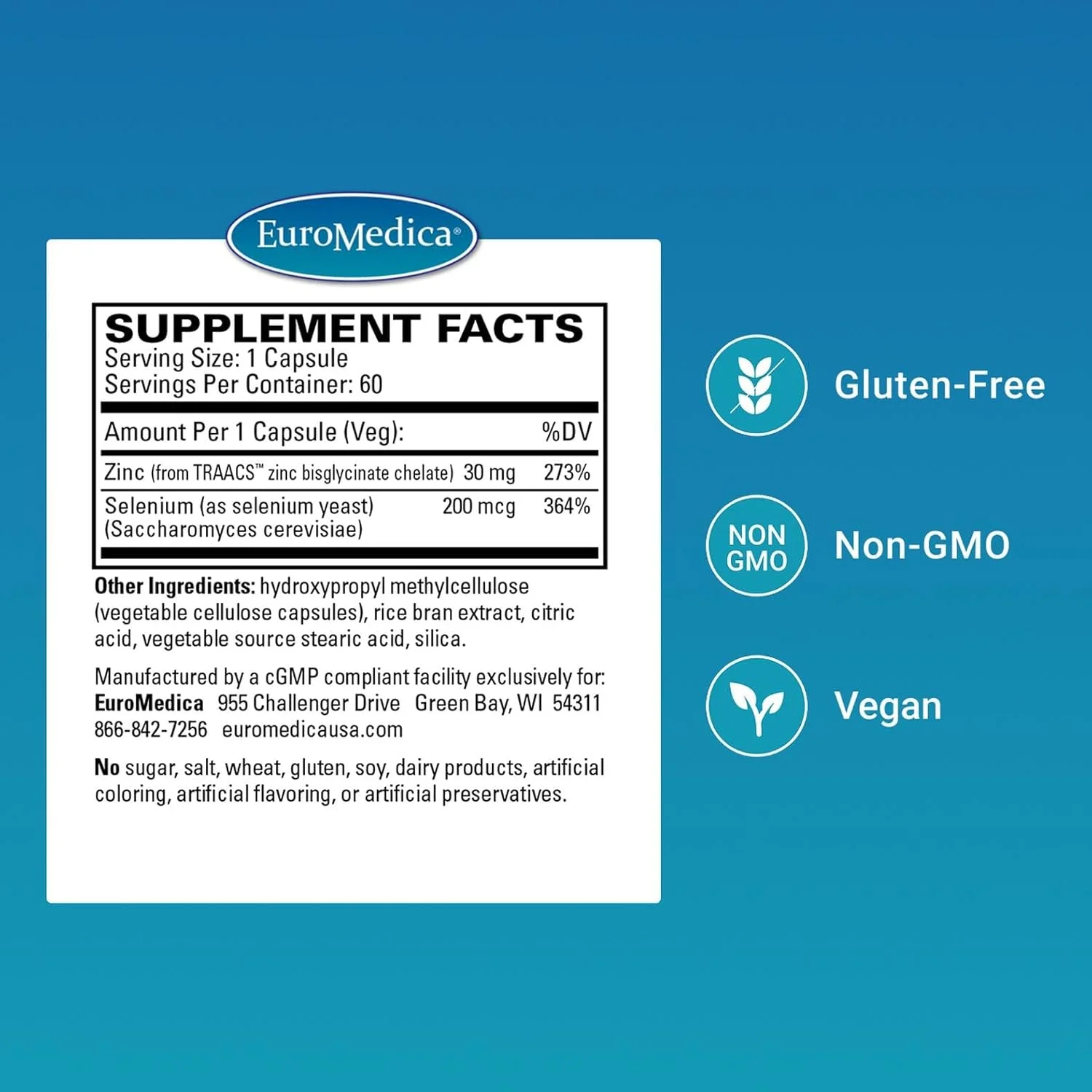 یورومدیکا زینک پلاس سلنیوم - مکمل حمایت از سلامت ایمنی و تنفسی - مکمل معدنی با زینک بیس گلیسینات کلات - فرمول با سلنیوم برای حمایت از سلامت سلولی - 60 کپسول