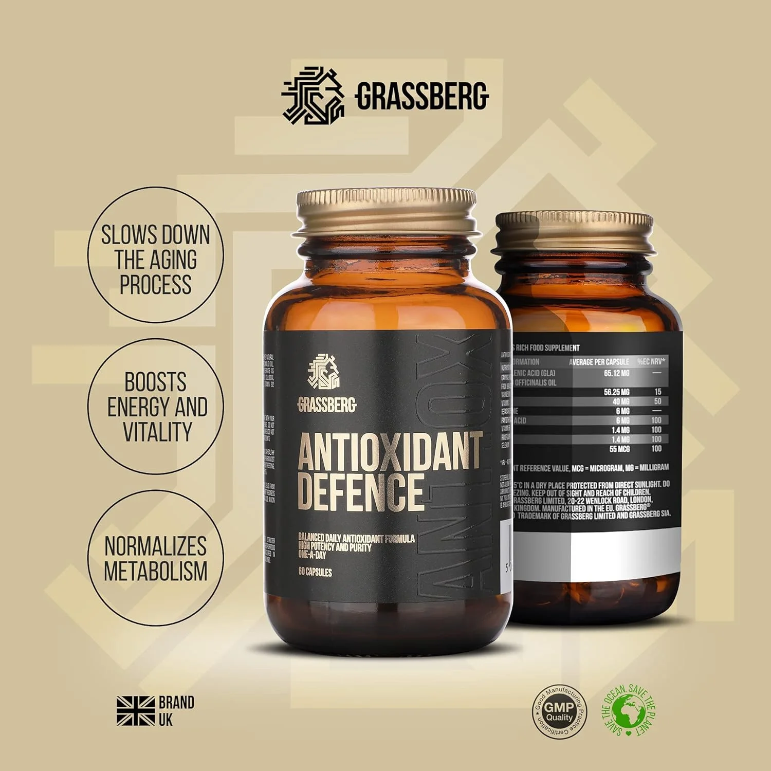 مکمل های آنتی اکسیدان دیفنس گراسبرگ با گاما لینولنیک اسید، ویتامین A، B2، B5، B6، C، منیزیم و سلنیوم - 60 کپسول مکمل های آنتی اکسیدان دیفنس گراسبرگ با گاما لینولنیک اسید، ویتامین A، B2، B5، B6، C، منیزیم و سلنیوم - 60 کپسول