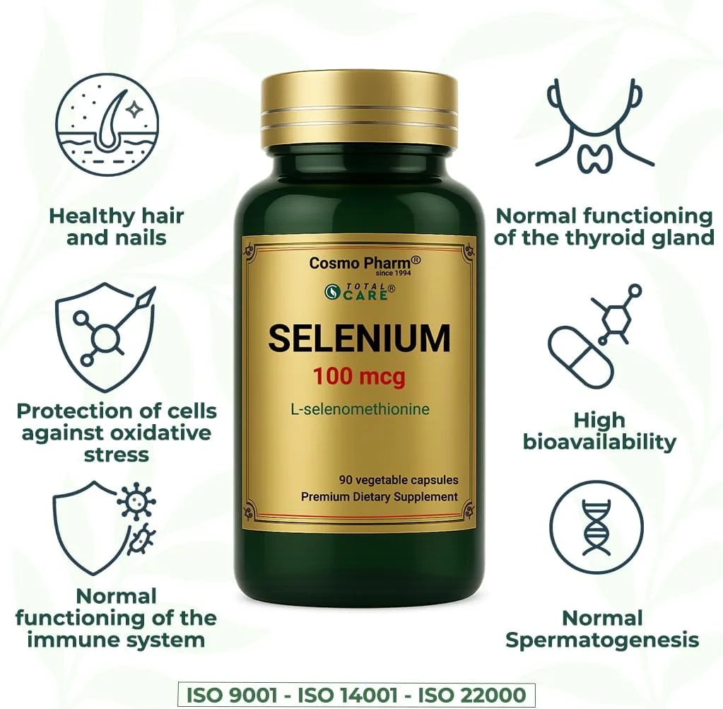 کپسول سلنیوم 100 میکروگرم Cosmo Pharm - ال-سلنومتیونین - 90 کپسول گیاهی - وگان، بدون گلوتن، بدون لبنیات - 1 کپسول در روز