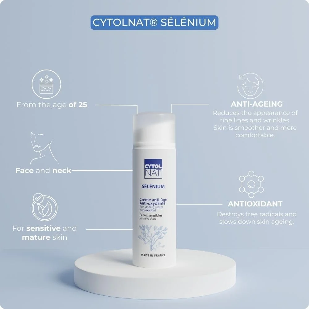 سیتولنات - کرم ضد پیری و آنتی اکسیدان سلنیوم - مرطوب کننده، ترمیم کننده، کاهش دهنده ظاهر چین و چروک و خطوط ریز - پوست حساس - صورت، گردن، دکلته - فرمول طبیعی - 50 میلی لیتر