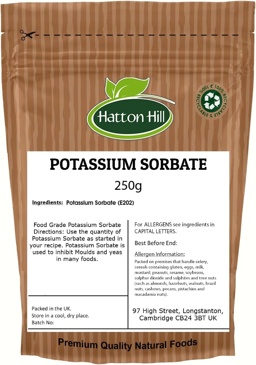 سوربات پتاسیم 250 گرمی هاتون هیل | نگهدارنده ممتاز با درجه غذایی | افزایش ماندگاری و تازگی در پخت | مهار کننده غیر تراریخته کپک | ایده آل برای نانوایان خانگی و حرفه ای