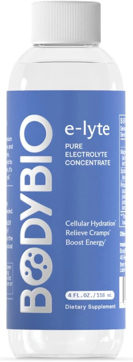 محلول الکترولیت متعادل BodyBio E-Lyte، منیزیم، سدیم و پتاسیم، مکمل آبرسانی بدون شکر، جذب سریع، تسکین گرفتگی عضلات، افزایش سریع انرژی، 8 الکترولیت ضروری، بطری 4oz