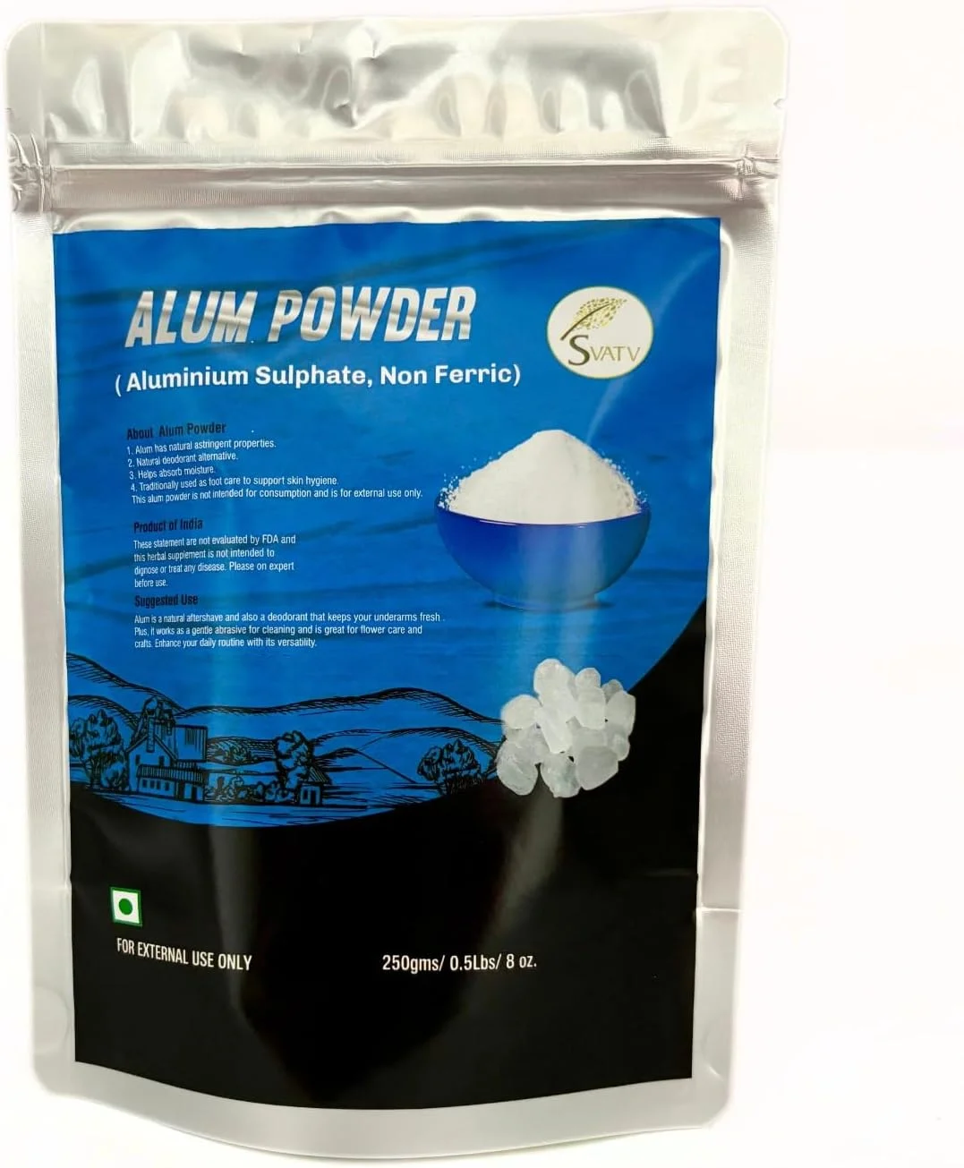 پودر آلوم Svatv، ۲۵۰ گرم (۸.۸ اونس) | پودر آلوم پتاسیم دانه دار | خالص شده از طریق فرآیند شودان | پودر دانه دار آلومبره