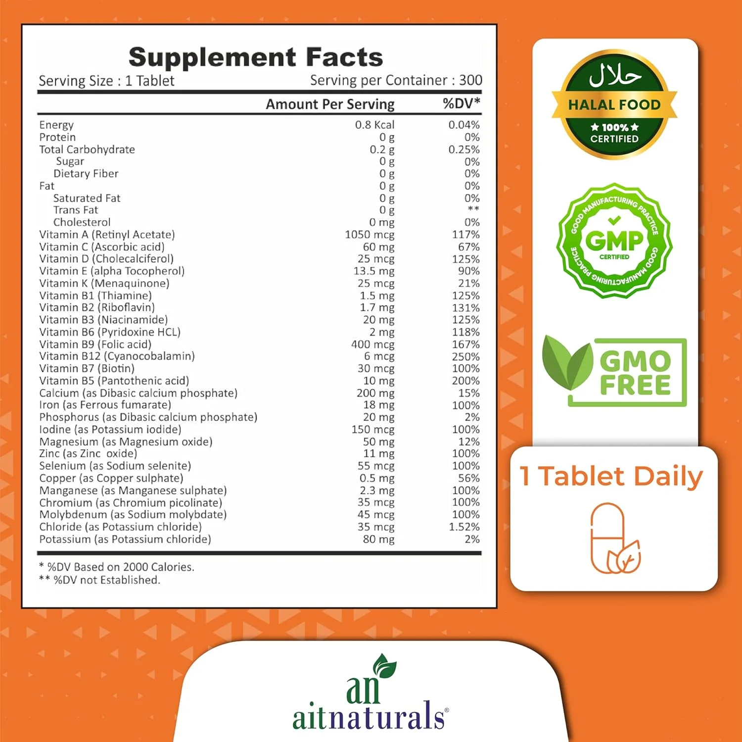 مولتی ویتامین آقایان و بانوان آیت نچرالز - 300 قرص | غنی شده با ویتامین A، C، D، E، K، B12، فولات، آهن، کلسیم، منیزیم، بیوتین، روی و ید | پشتیبانی از سیستم ایمنی، انرژی و متابولیسم مولتی ویتامین آقایان و بانوان آیت نچرالز - 300 قرص | غنی شده با ویتامین A، C، D، E، K، B12، فولات، آهن، کلسیم، منیزیم، بیوتین، روی و ید | پشتیبانی از سیستم ایمنی، انرژی و متابولیسم