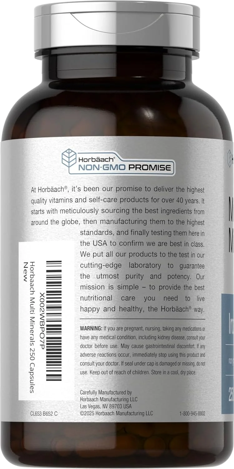 مکمل مواد معدنی ترکیبی هورباخ | 250 کپسول | بدون آهن | کمپلکس مواد معدنی روزانه برای مردان و زنان | غیر GMO و بدون گلوتن مکمل مواد معدنی ترکیبی هورباخ | 250 کپسول | بدون آهن | کمپلکس مواد معدنی روزانه برای مردان و زنان | غیر GMO و بدون گلوتن